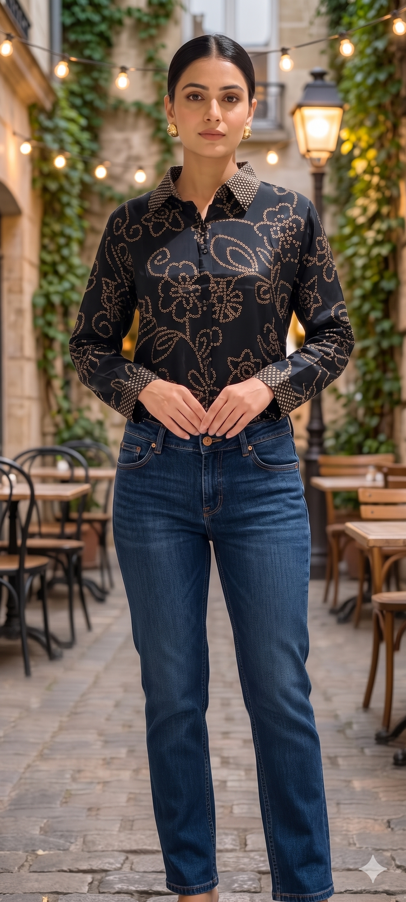 Pure Crepe Bold Black Bandhani Print Floral Collared Shirt- 15111