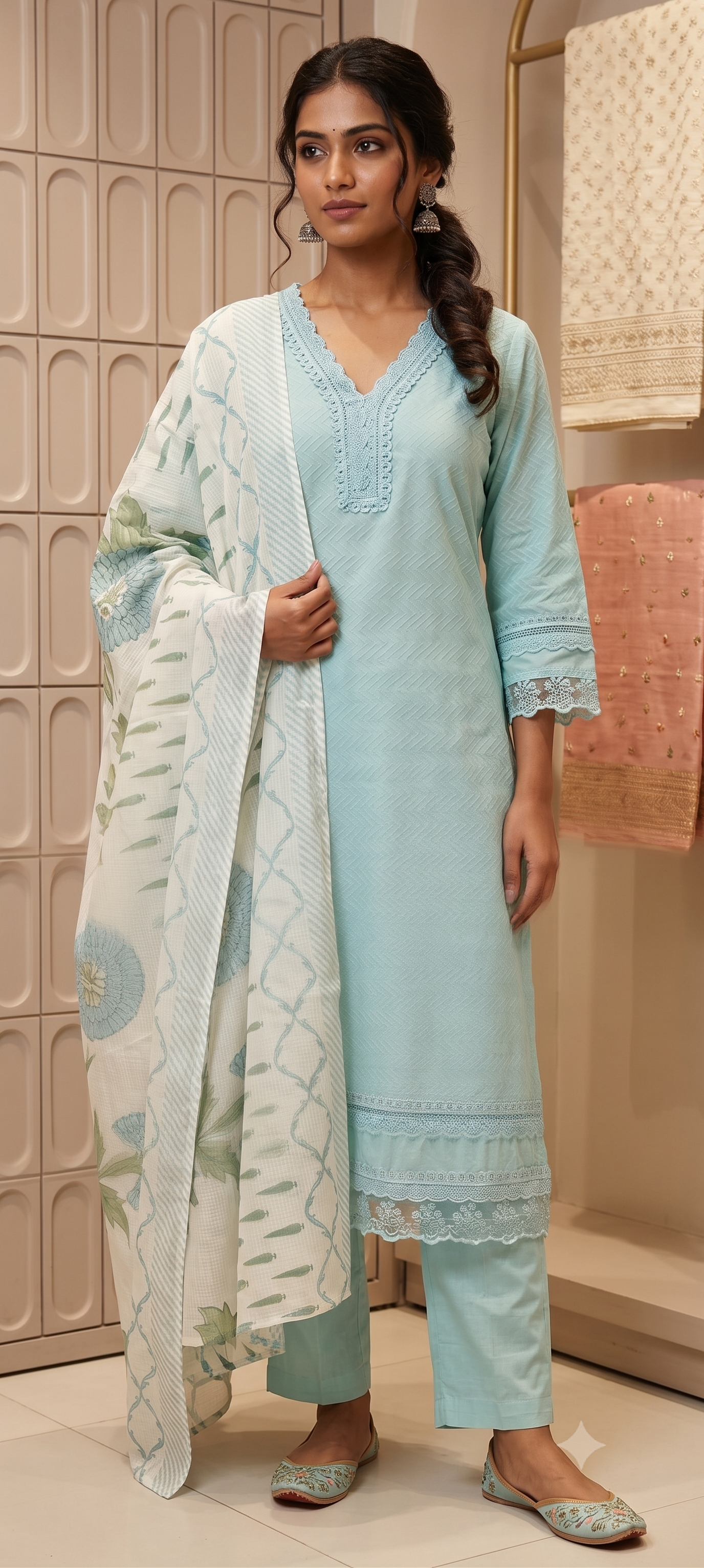 Elegant Straight Graceful Cotton Full Suit Set with Printed Dupatta & Lace Detailing- 14833 RB490