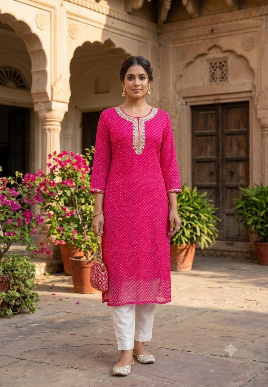 Women's Georgette Leheriya Print Kurti with Heavy Hand Embroidered Round Neck-15490