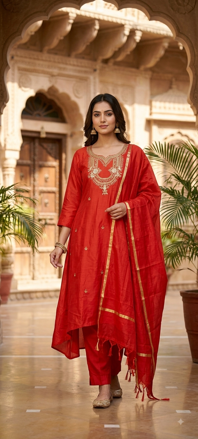 Cut-Dana With Sequin Embroidered Yoke A-Line Surat Mul-Chanderi Full Suit Set With Dupatta- 15829
