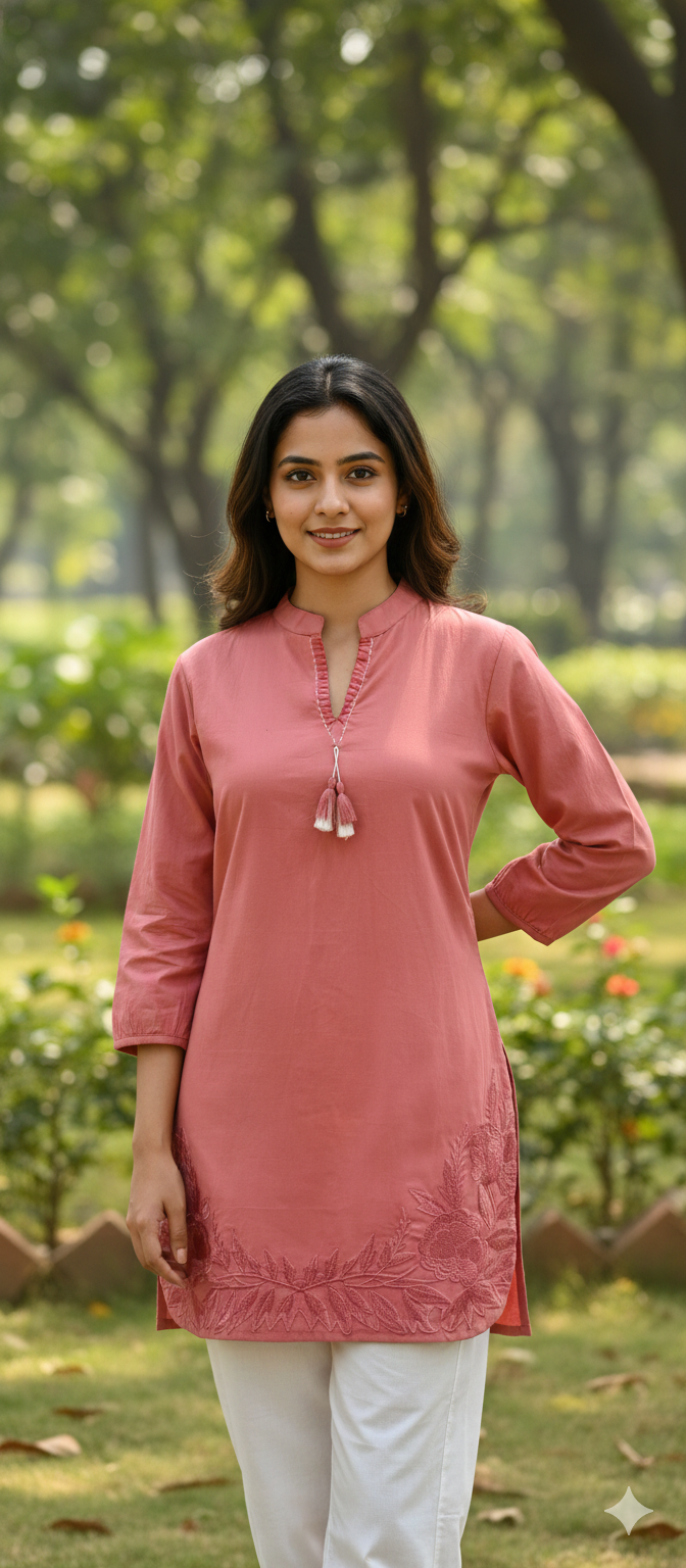 Serene Embroidered Mist Bloom Casual Wear Cotton Short Kurti Only- 13453