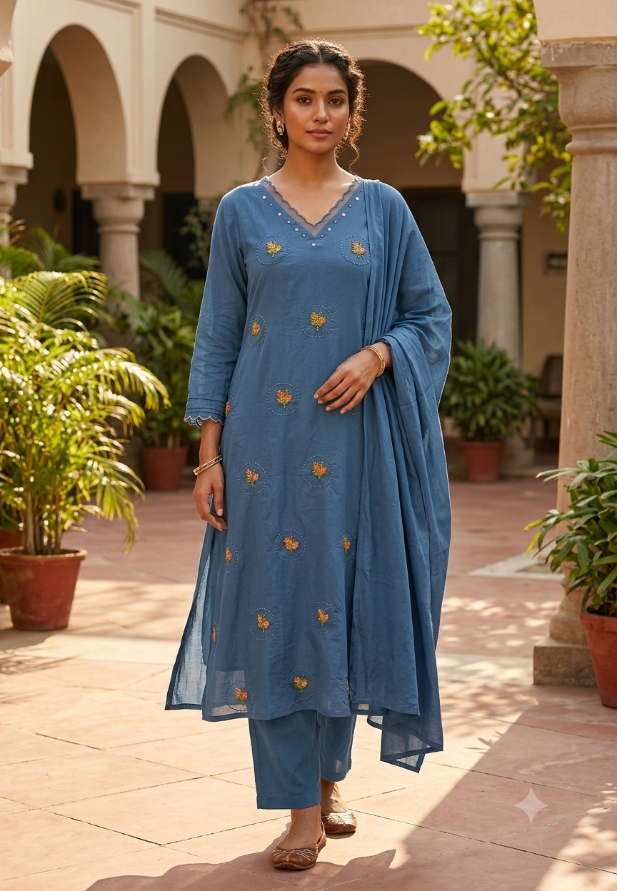 Silly Cotton Intricate Floral Thread Circle Embroidered V-Neck Full Suit Set With Dupatta- 16676
