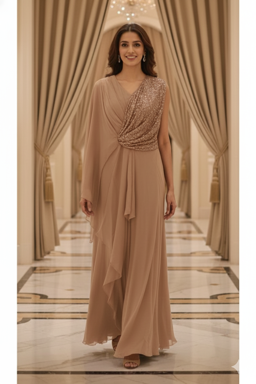 Cowl Style Sequin Ruffled Double Layer Solid Gown In Chinon Fabric (Separate Sleeve Inside)- 12413
