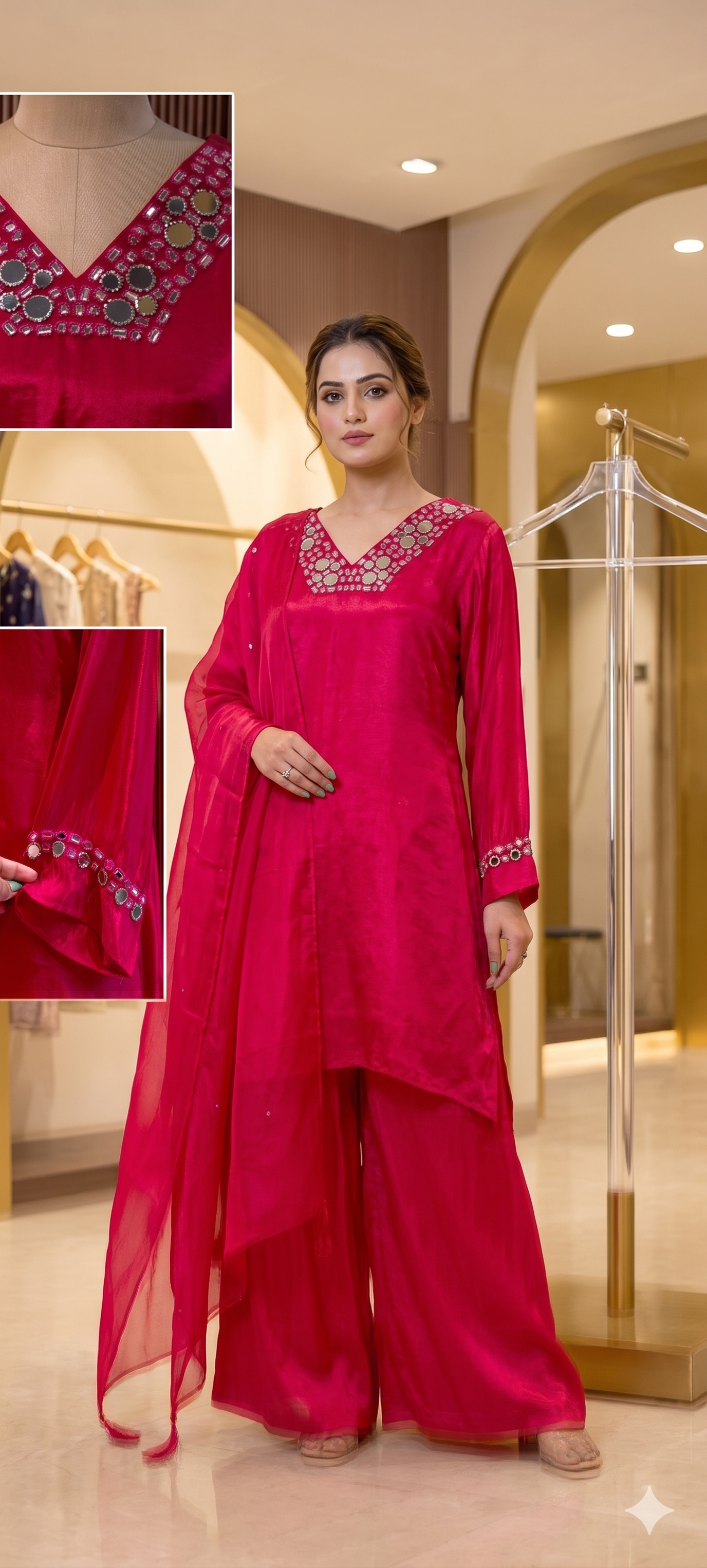 Premium Crepe Real Mirror Motifs Flowy Short Length Kurta With Palazzo Bottom & Dupatta- 13969