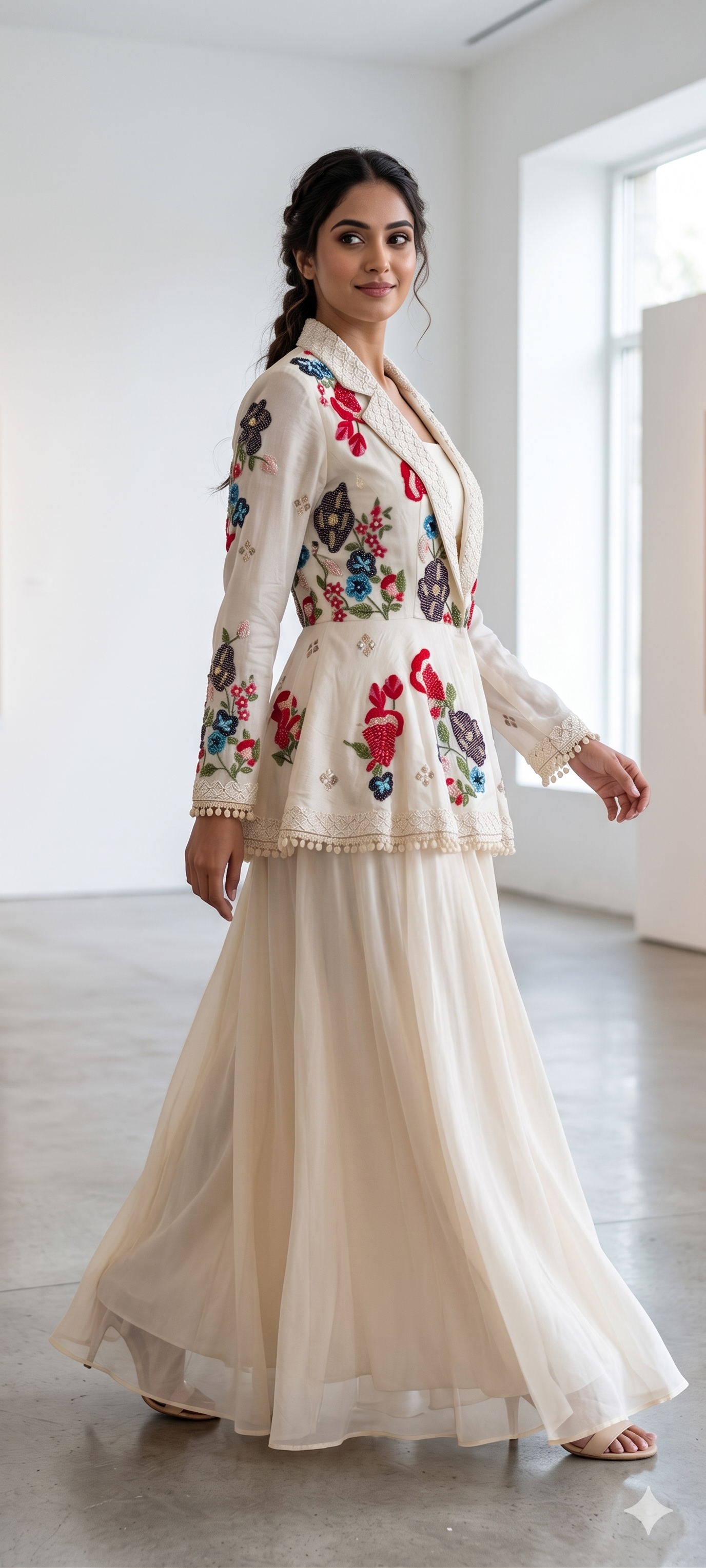 Elegant 3-piece partywear beautifully embellished peplum-style jacket, inner top, and flowy draped palazzo pants-14327