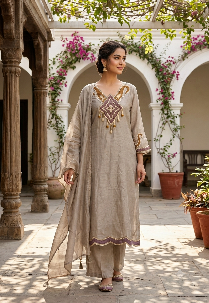 Surat Mul-Chanderi Neck Patch Dangle Accent Full Suit Set Scallop Hem and Dupatta- 16677