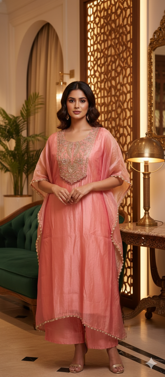 Zariya Luxury Premium Tissue Heavily Hand Worked Kaftan With Bottom- 13471