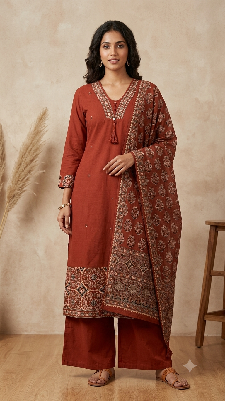 Floral Block Print Pleated V-Neck Cotton Full Suit Set With Fully Printed Dupatta- 13716