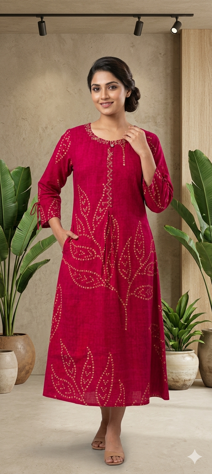 Aline Bandhej Giant Leavy Printed Vibrant Mural Silk Kurti Only (Slightly Lean Fit)-13749