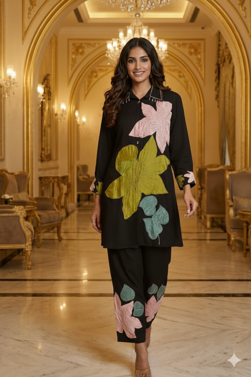 Floral Patched With Resam Embroidered Collared Co-Ord Set- 10785,10784