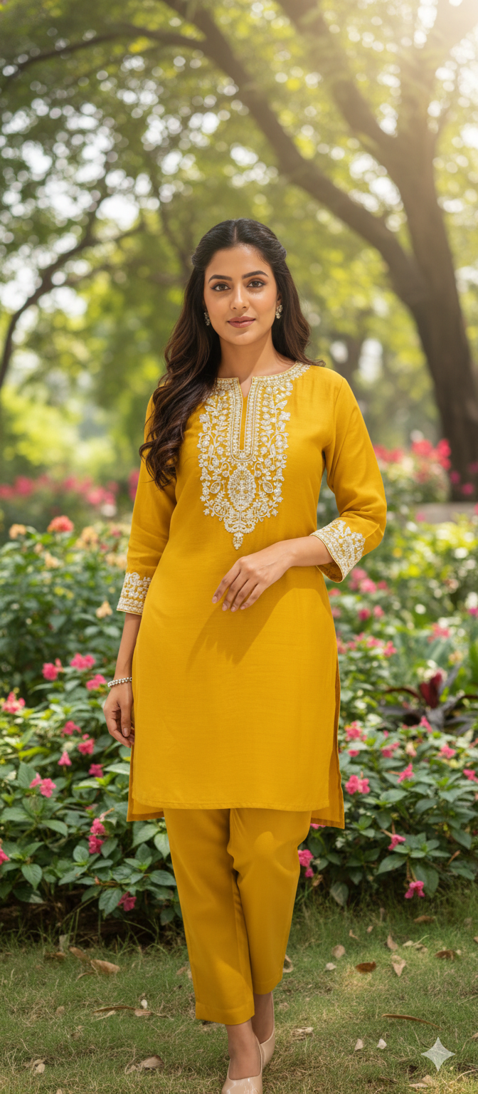 Surat Mul-Chanderi Chikankari Look Thread Embroidery Work Solid Co-Ord Set- 13411