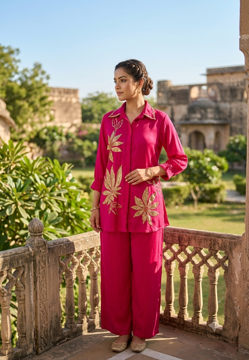 Designer Sequence Leaf Inspired Embroidered Chinon Stylish Co-Ord Set- 16753