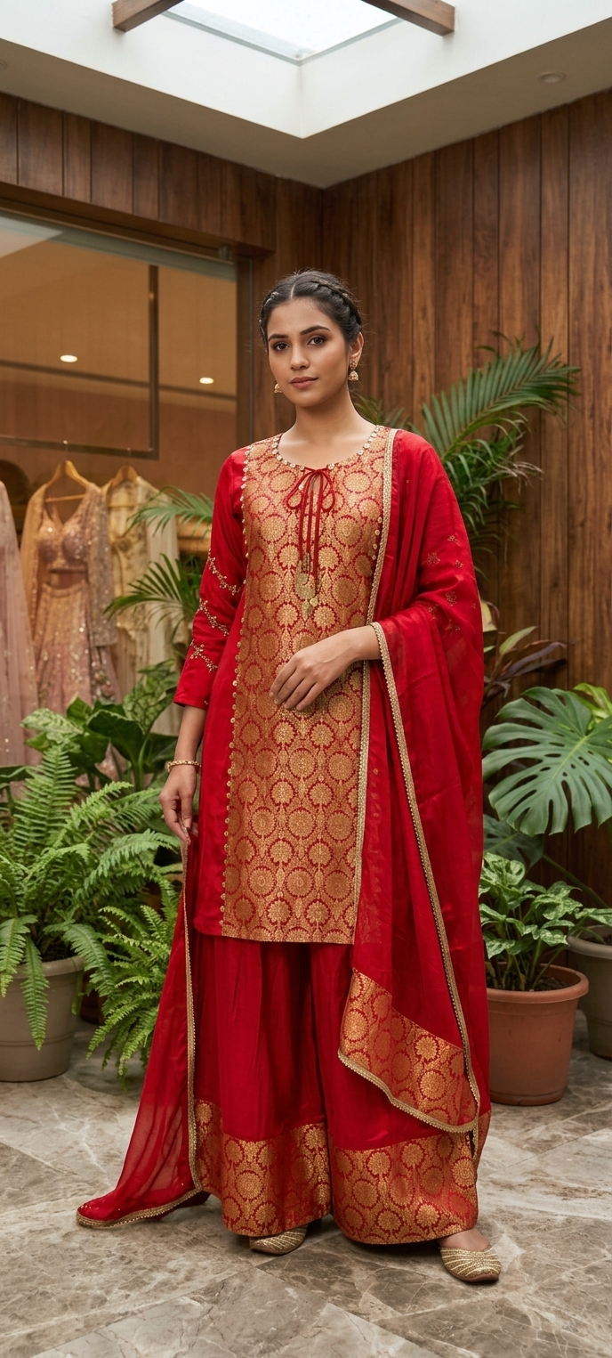 Designer Crepe Fabric Full Suit Set with Gold Brocade Yoke Panel and Traditional Palazzo Bottom Weaves- 16662