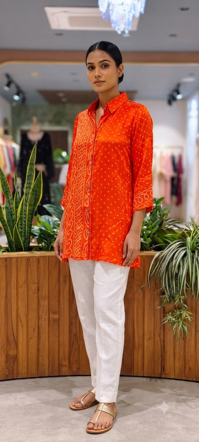 Festive Bandhani Print Very Flowy Casual Wear Crepe Shirt- 15634