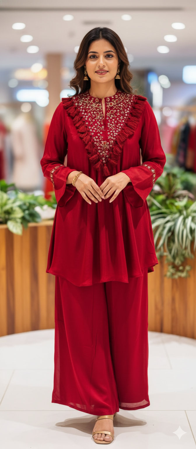 Stylish V-Yoke Boho Thread Look Indo Wear Kurta With Solid Bottom- 13551 RB212