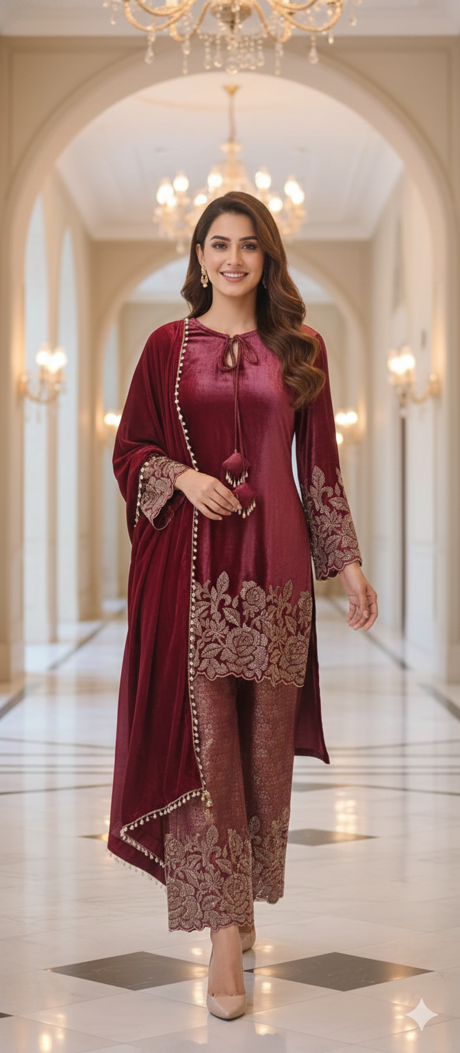 Cut-Dana Embellished Velvet Kurta With Heavy Brocade Bottom & Pearl Tasseled Dupatta- 12453