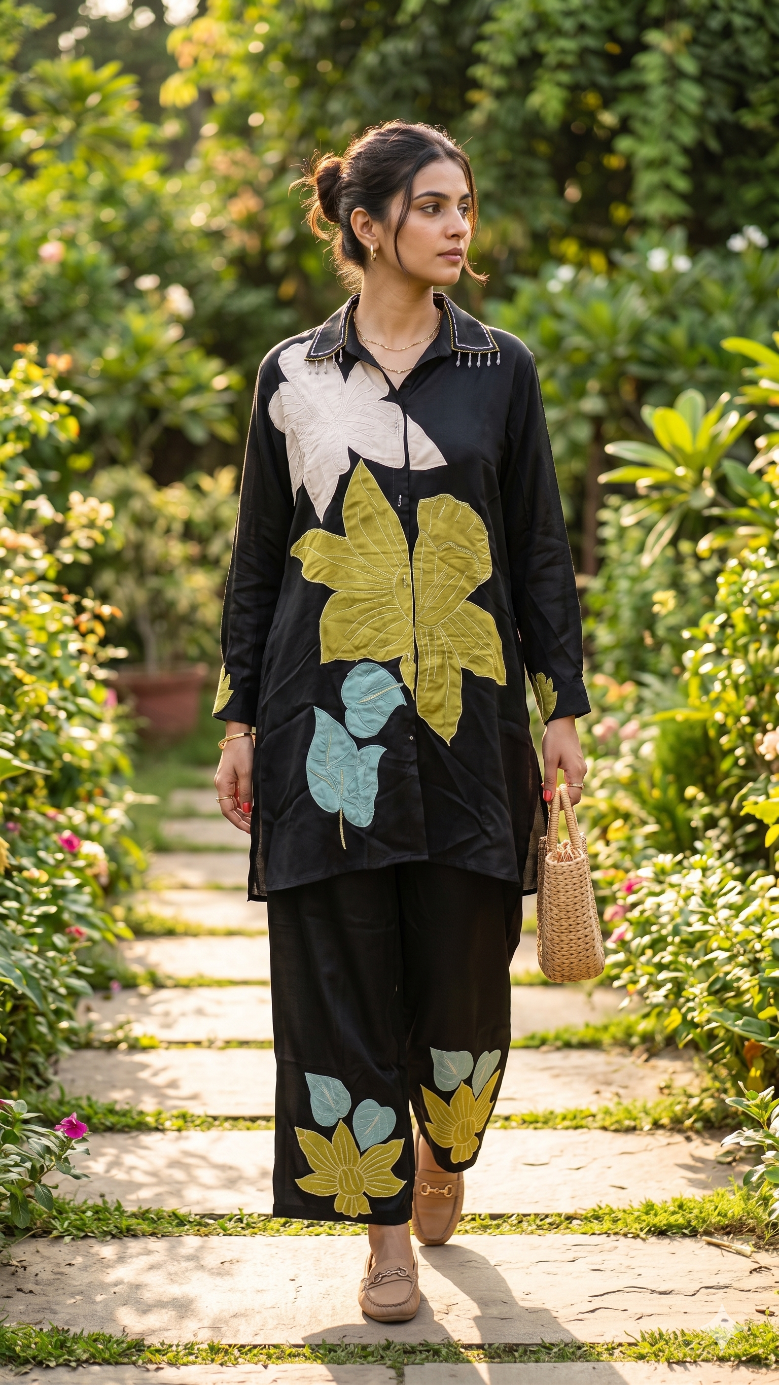 Giant Floral With Leaves Patch Work Silk Co-Ord Sets