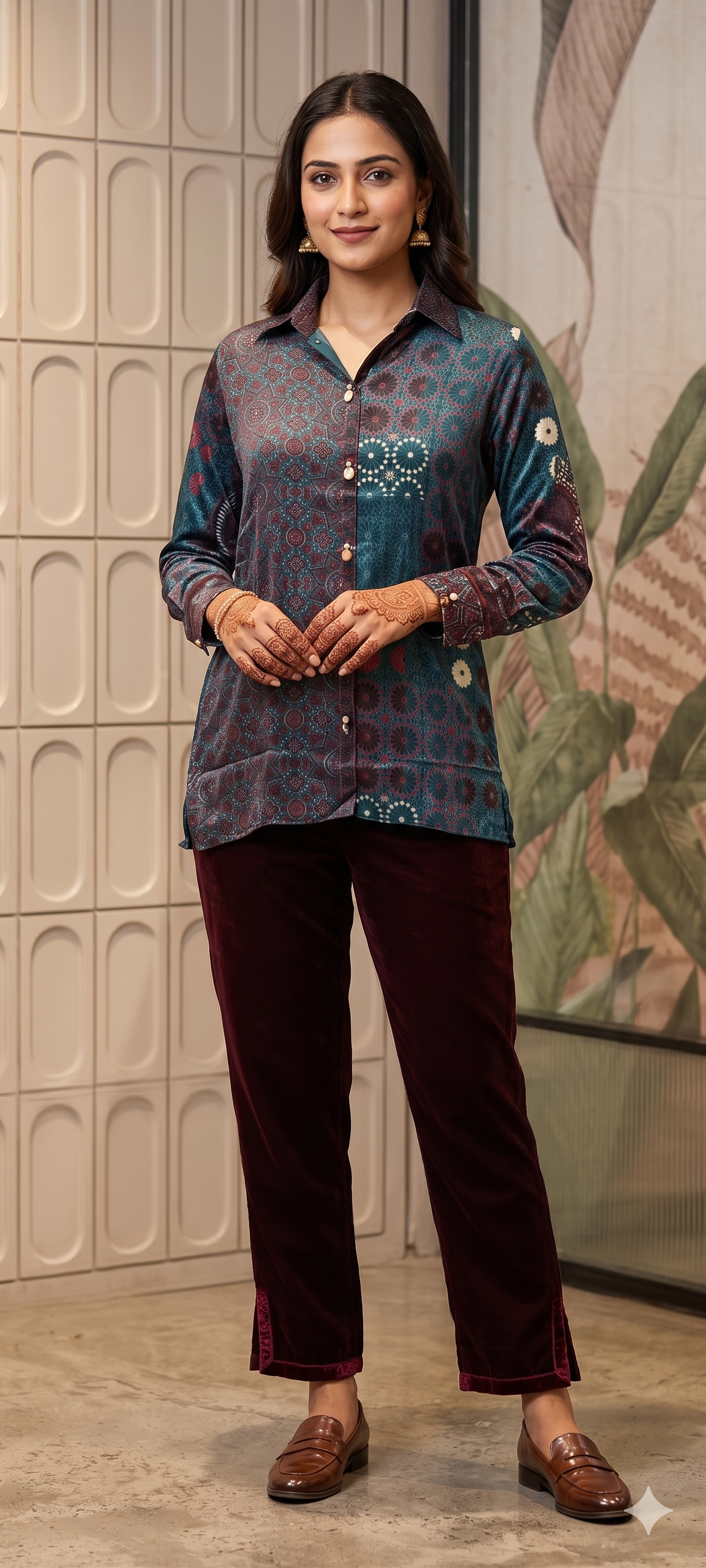 Abstract Gajji Silk-Blend Kaleidoscope Print Button-Down Shirt-14837 RB475
