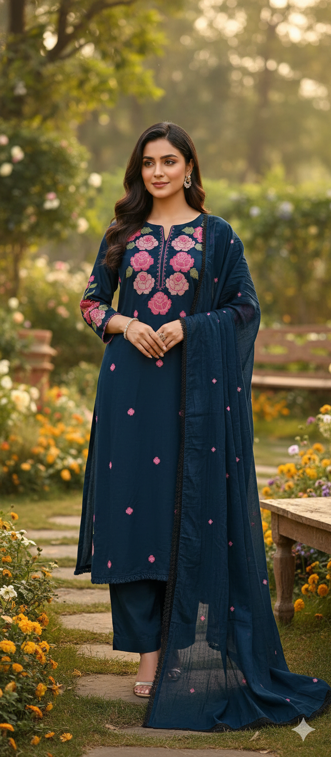 Cross Stitch Flora Embroidery A-Line Full Suit Set With Dupatta In Cotton Fabric- 13407