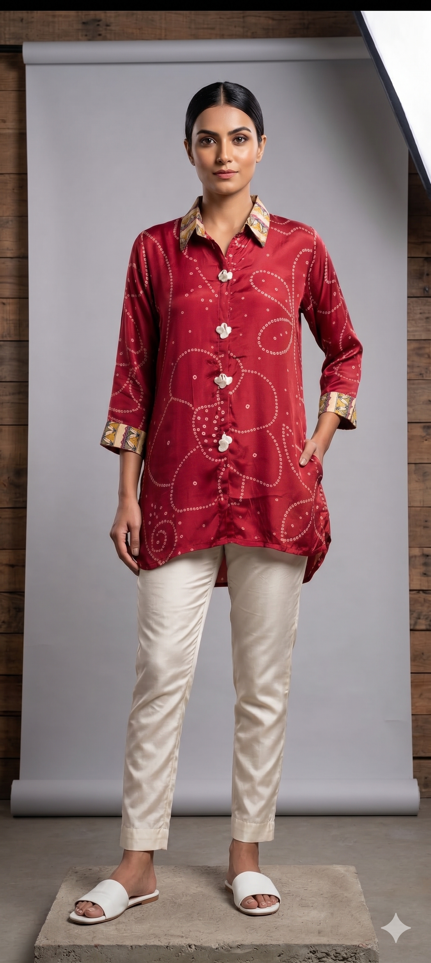 Women's Premium Maroon Bandhani Printed Soft Crepe Casual Shirt Top- 15111