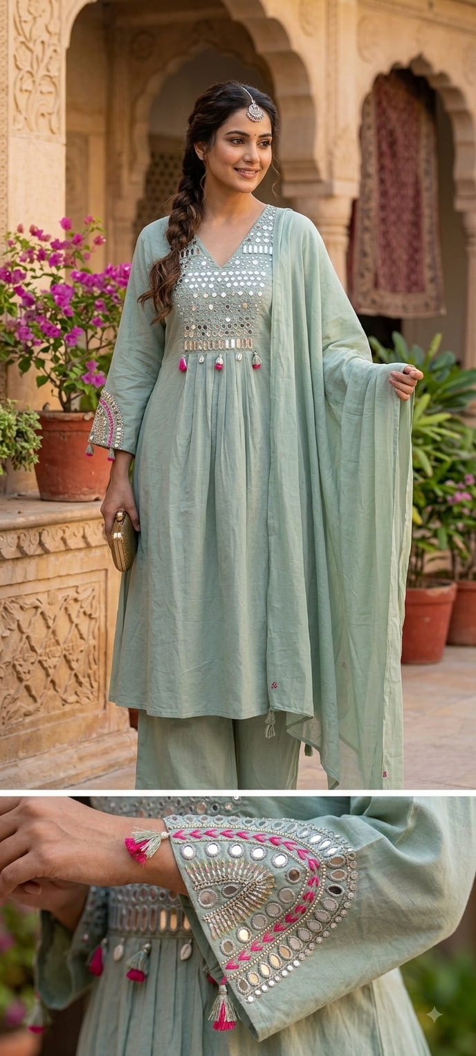 Kodi Real Mirror Work Handwork Boho Style A-Line Cotton Full Suit Set With Dupatta- RB567