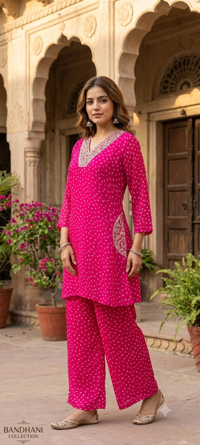 Bandhani Print Elegant Machine Embroidered Neckline Side Pockets Georgette Co-Ord Set- 15481