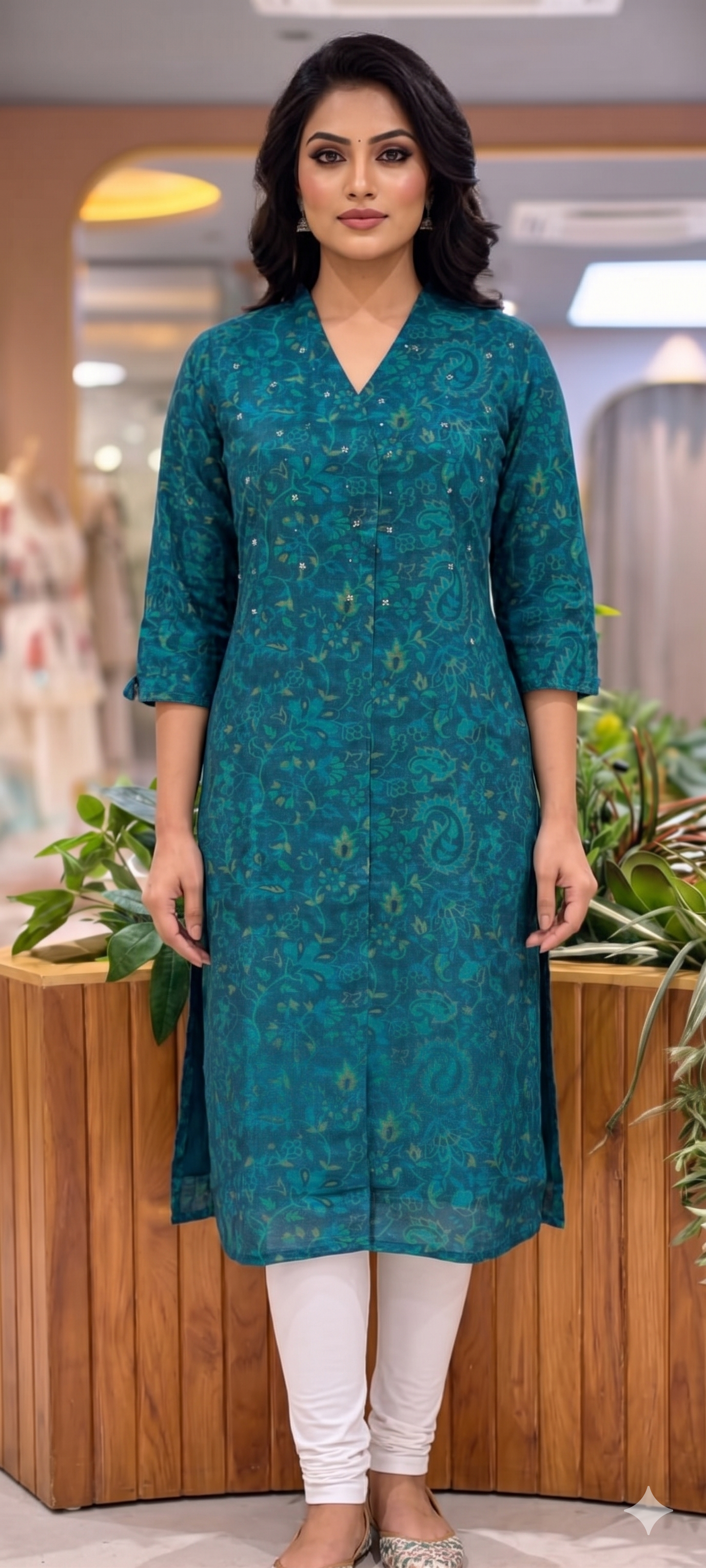 Solid Shade Light Print Golden Reinstone Highlight A-Line Russian Silk Long Kurti Only- 14618,19 RB358 LEAN FIT