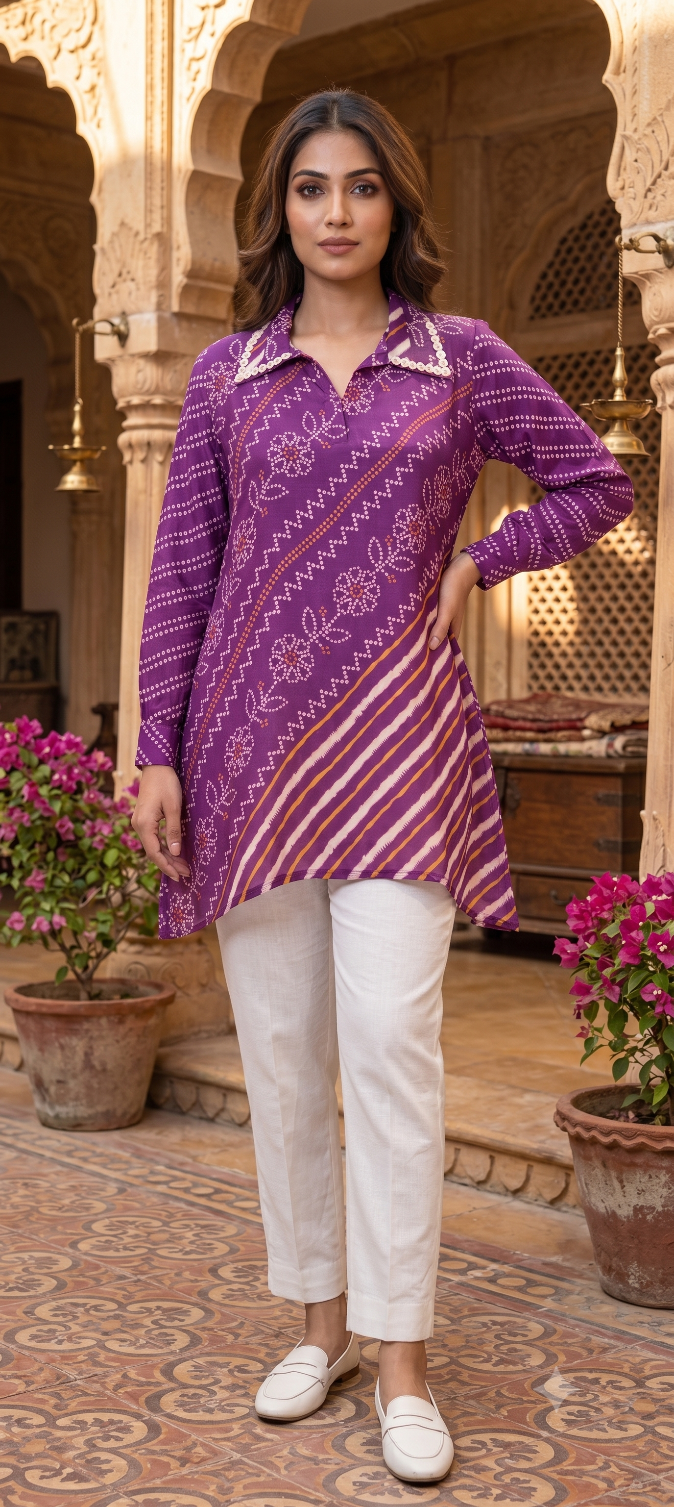 Women's Premium Purple Bandhani Floral Printed Soft Crepe Casual Shirt Top- 15114