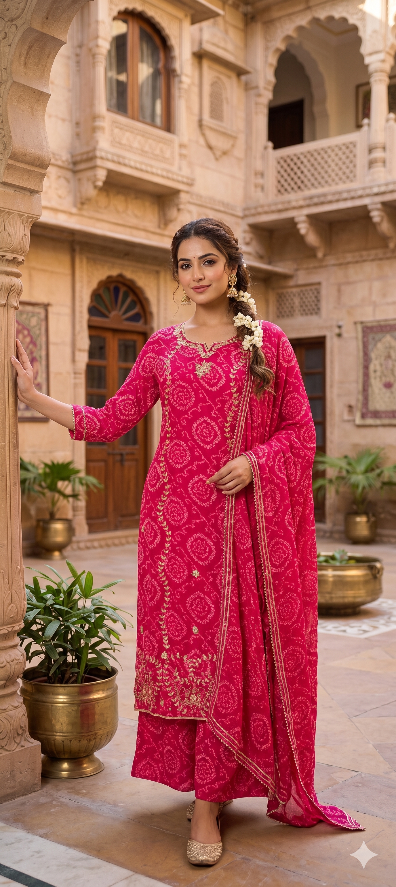 Premium Georgette Pure Gotta Patti Work Vibrant Bandhej Full Suit Set With Dupatta- 14539 RB385
