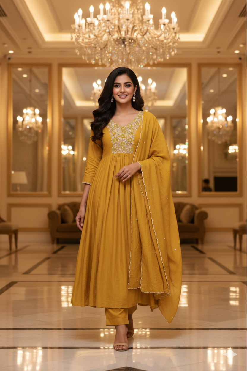 Sunshine Glow Floral Thread Embroidered Surat Mul Chanderi A-Line Full Suit Set With Dupatta