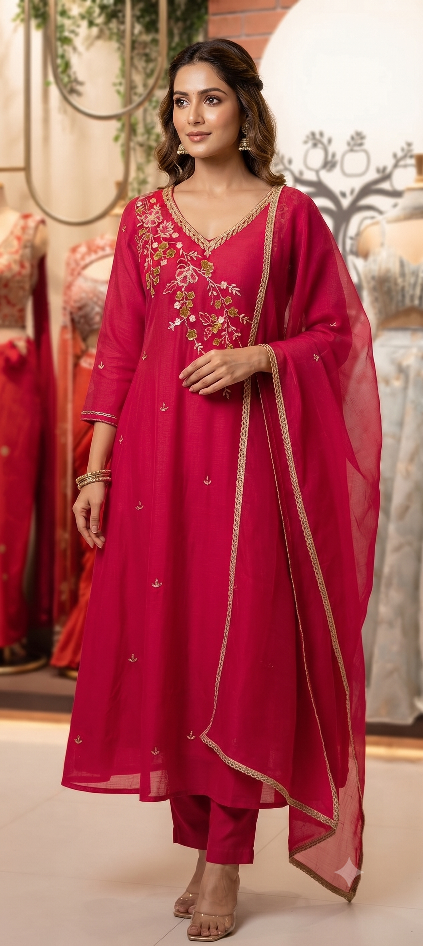 Elegant Zardosi Cut-Dana Embroidery Work A-Line Surat Mul-Chanderi Full Suit Set With Dupatta- 15297