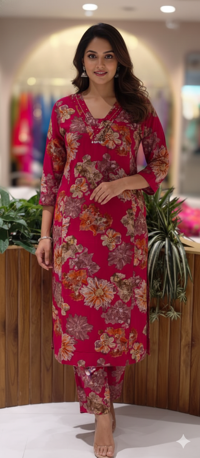 Earthy Bloom Digital Floral Print Vibrant Kurta Pant Set In Cotton Fabric