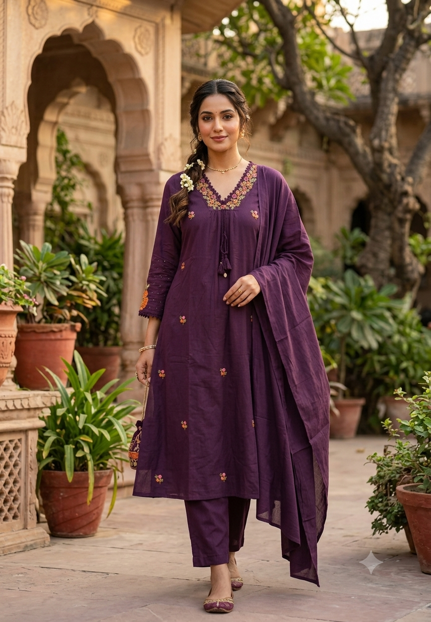Silly Cotton Intricate Embroidery Over Neckline & Sleeves A-Line Cotton Full Suit Set With Dupatta- -16675
