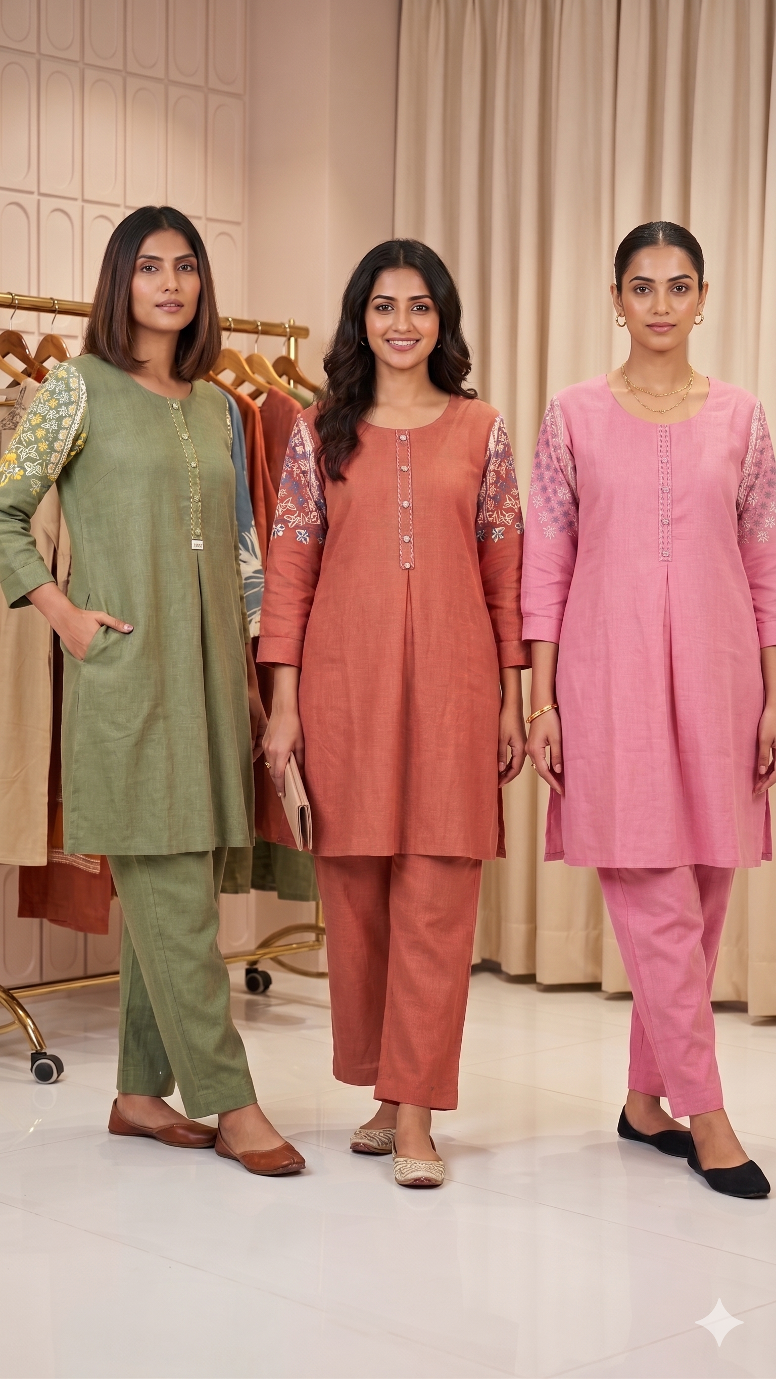 Very Minimal Embroidery Over Sleeve Buttoned Solid Cotton Co-Ord Set- 14675