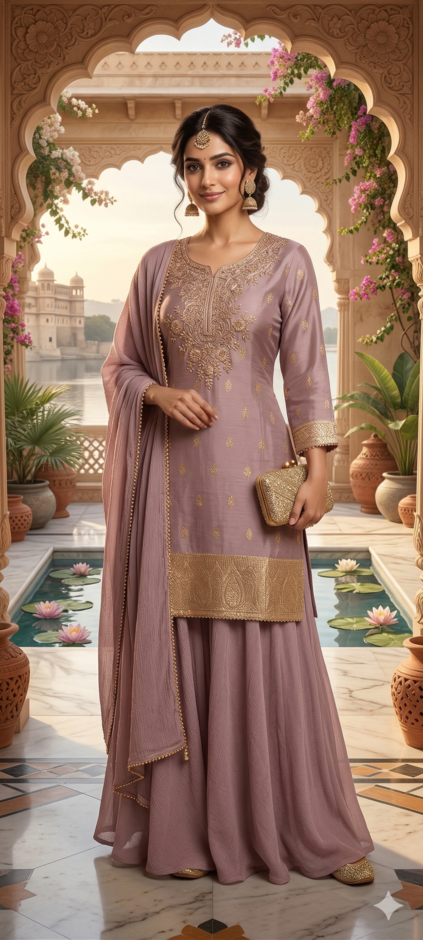 Pastel Toned Golden Handworked Elegant Sharara Full Suit Set Dupatta In Silk Fabric-13916 RB117