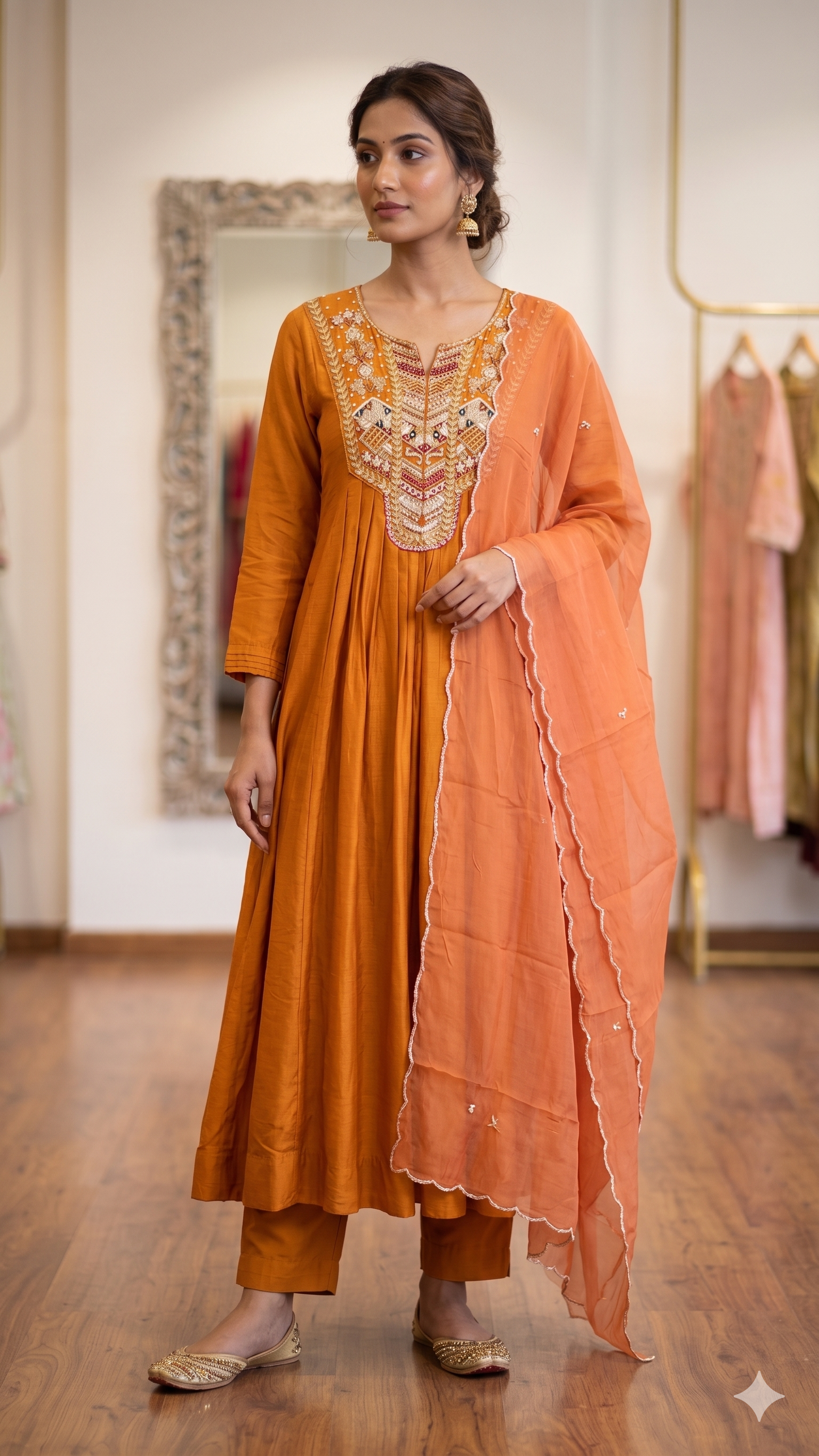 Vibrant Orange Zardosi Yoke Dola Silk Anarkali Full Suit Set With Organza Dupatta