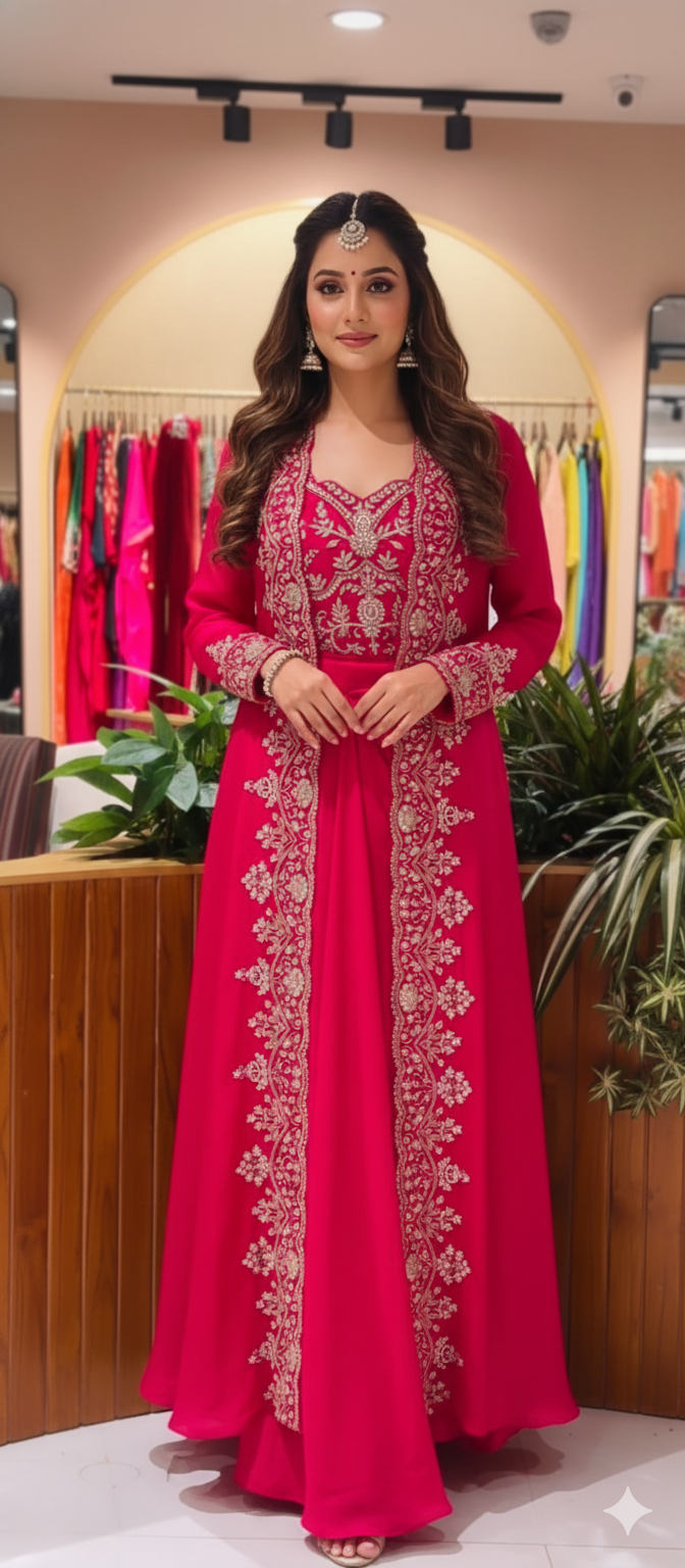 Vibrant Zariya Floral Hand Embroidered Buster With Long Shrug & Flowy Drape Skirt