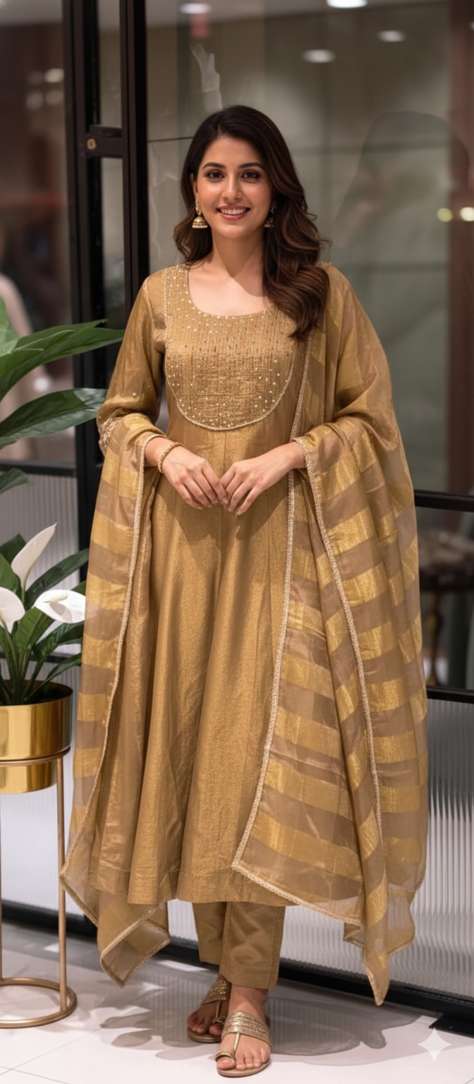 Very Elegant Sequin Pleated U-Yoke & Sleeve Panel Tissue Anarkali Full Suit Set With Dupatta- 13607