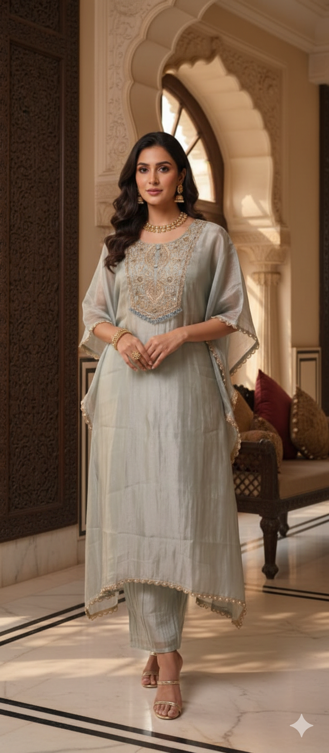 Zariya Luxury Premium Tissue Heavily Hand Worked Kaftan With Bottom- 13471