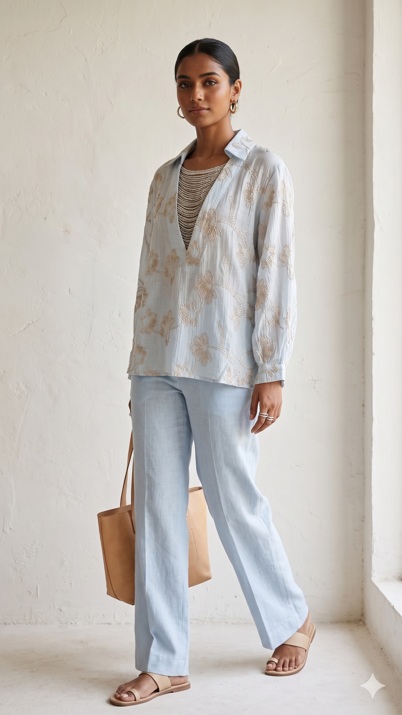 Soft Pastel Embroidered Shirt Delicate Floral Detailing and Glamorous Stone work Layer