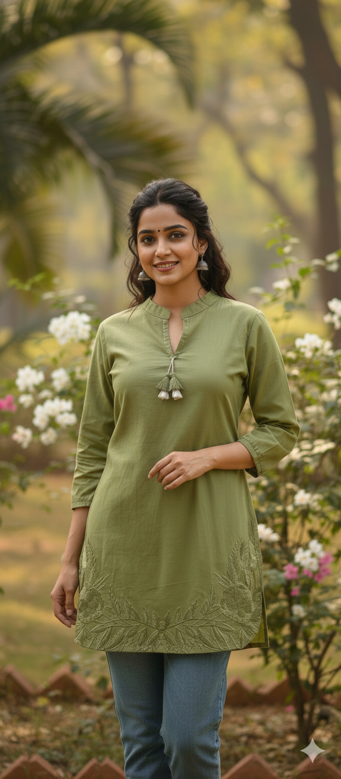 Serene Embroidered Mist Bloom Casual Wear Cotton Short Kurti Only- 13453