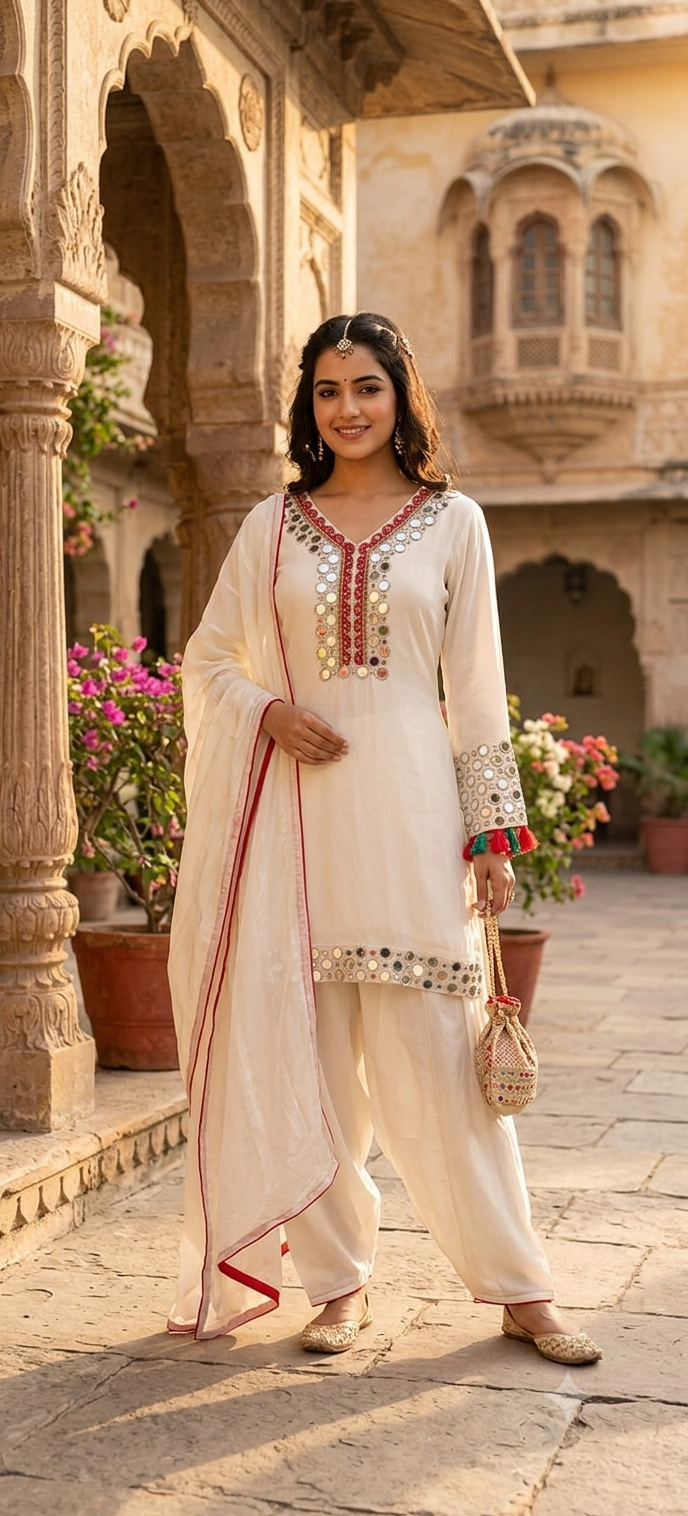 Real Mirror Highlights Tassel Accent Crepe Shirt Length Full Suit Set With Dupatta