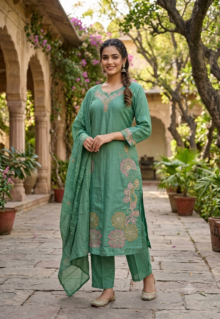 Intricate Embroidered Elegance Surat Mul-Chanderi Straight Full Suit Set With Dupatta- 16085