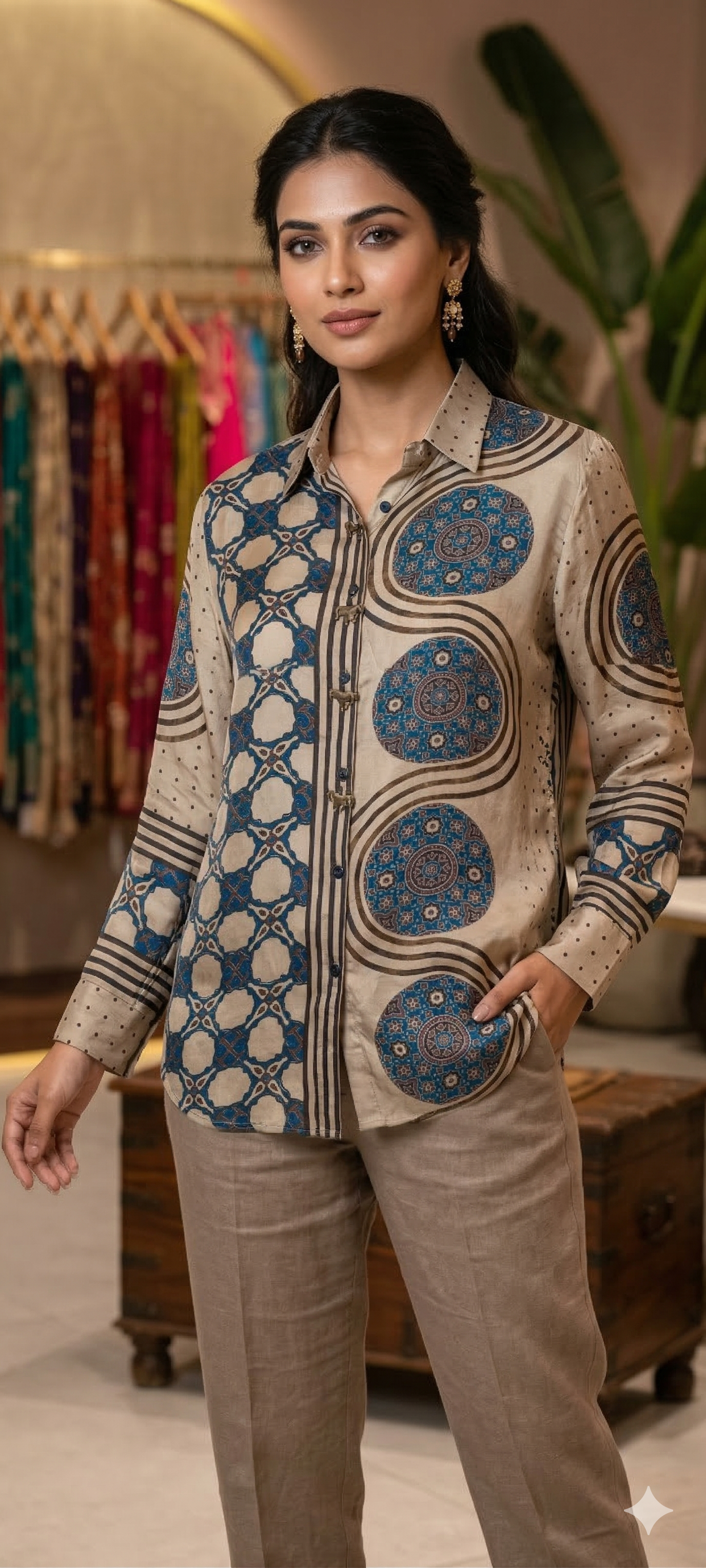 Elegant Ethnic Print Crepe Shirt with Statement Collar and Artistic Pattern-13862