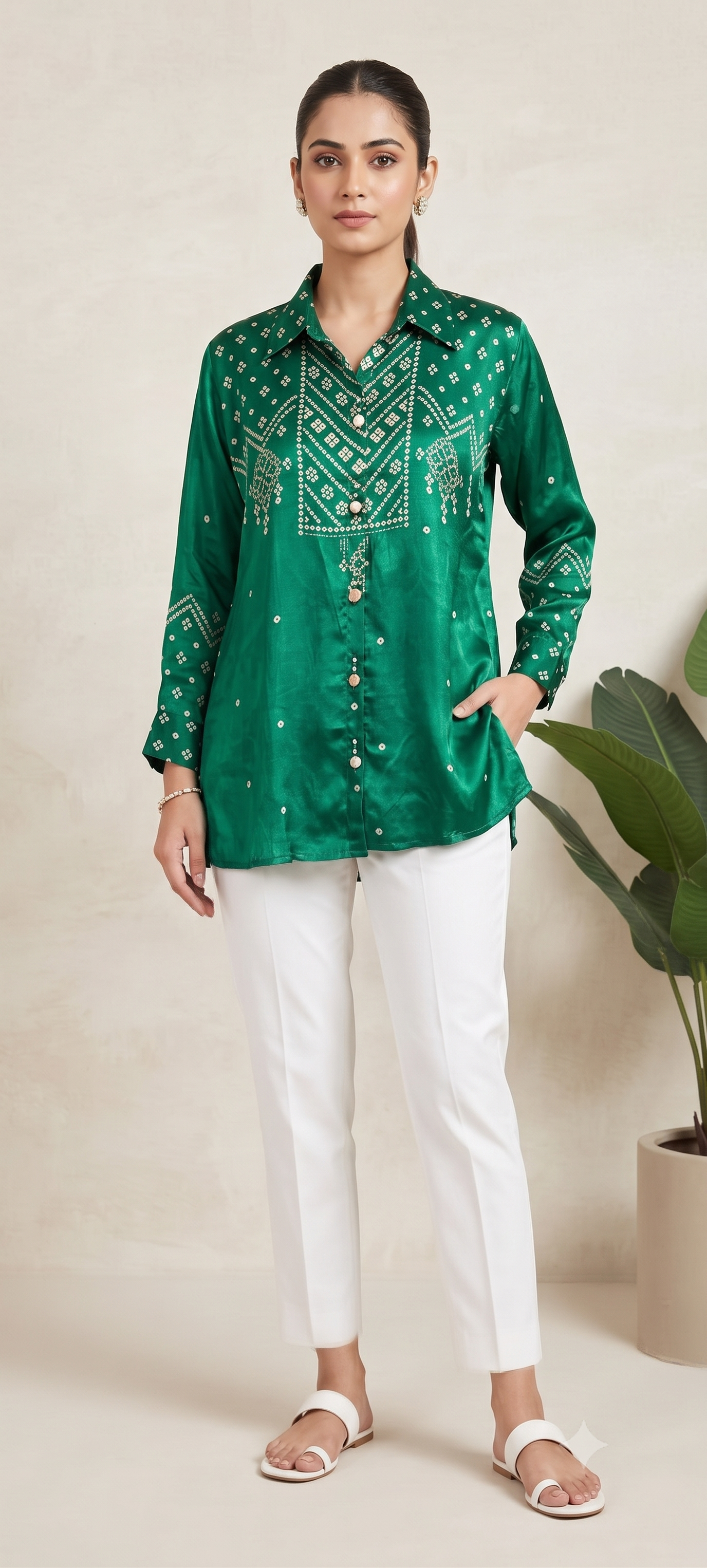 Pure Crepe Collared Bandhani Print Casual Wear Shirt- 14511