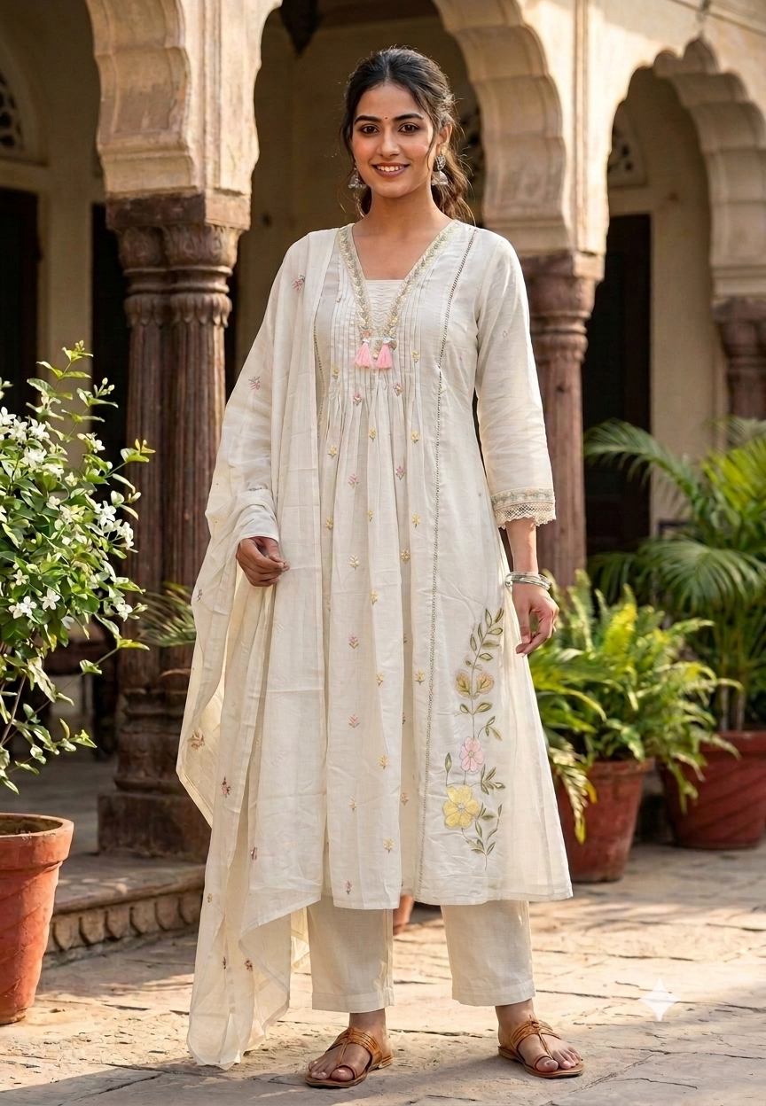 Pastel Shade Cute Floral Thread Embroidered Pleated Mul Cotton A-Line Full Suit Set with Dupatta- 16674