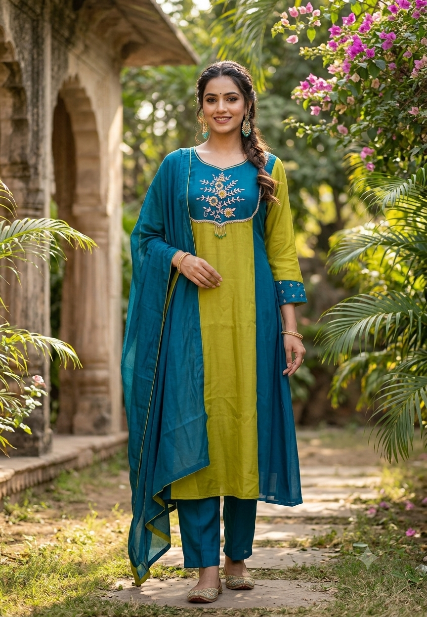 Dual Shade Aline Surat Mul-Chanderi Embroidered Yoke Full Suit Set With Dupatta- 16714
