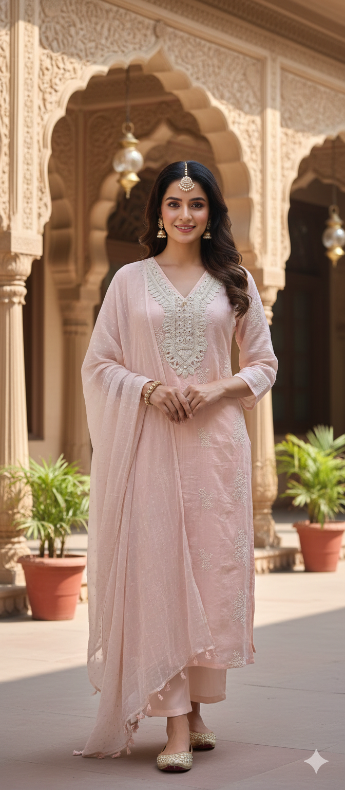 Crochet Lace Detailed Thread-Work Ethnic Ensemble Premium Cotton Full Suit Set With Dupatta-13685 RB131