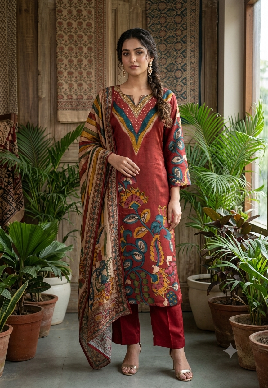 Flowy Crepe Kalamkari Print Sequin Touch Straight Full Suit Set With Dupatta- 16646