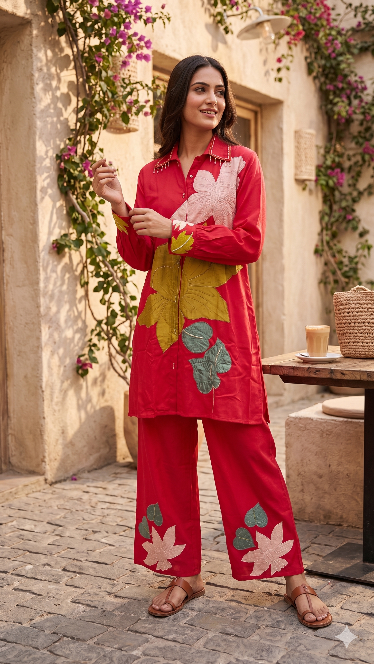 Giant Floral With Leaves Patch Work Silk Co-Ord Sets